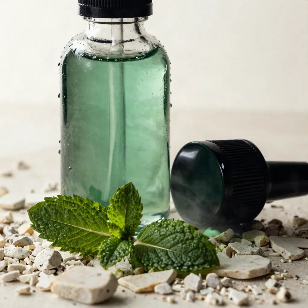 Macro of an unlabelled mint CBD juice bottle with droplets, cap, sprig, and pale stone chips.