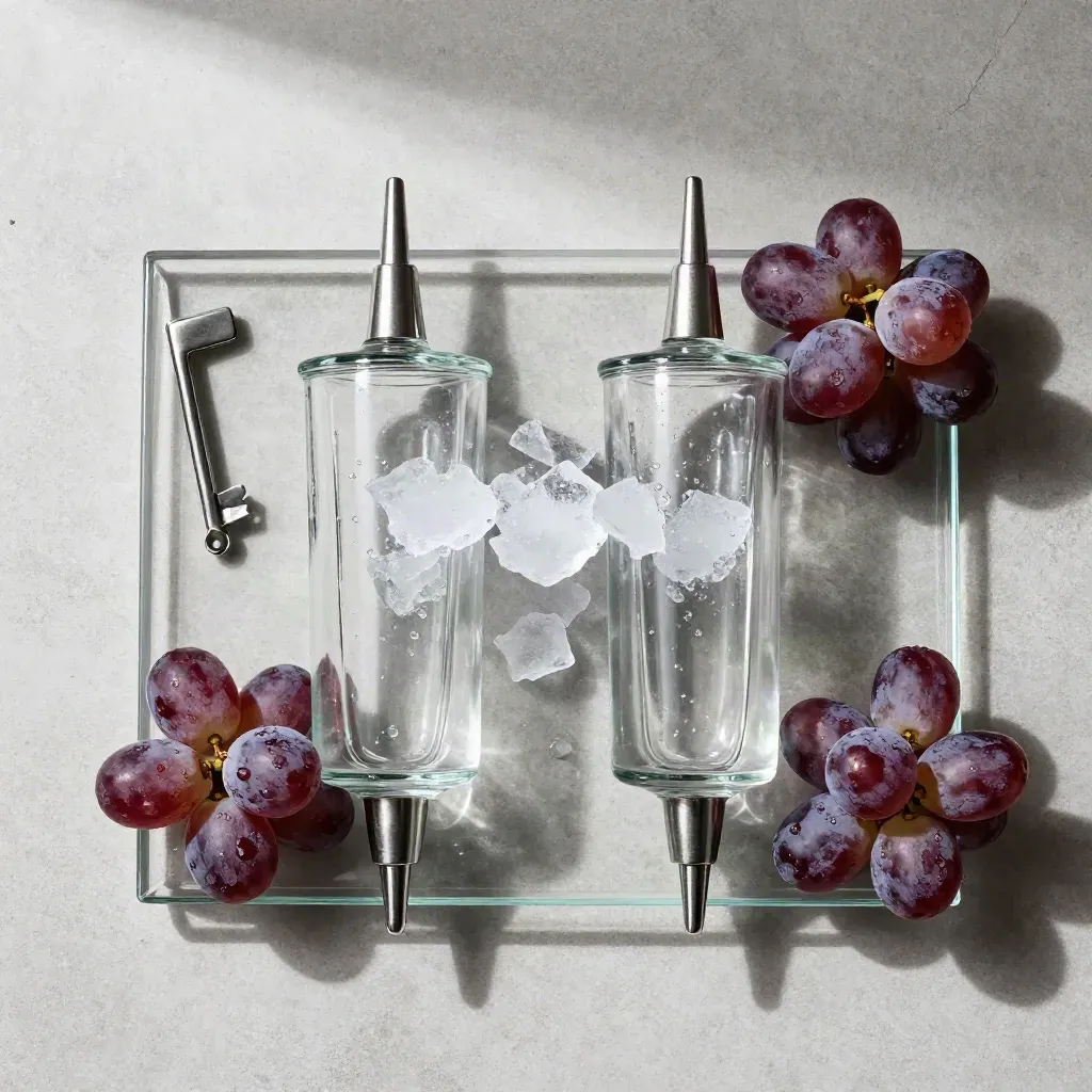 Overhead flatlay of two grape ice cart refills with ice shard and frosted grapes on pale concrete