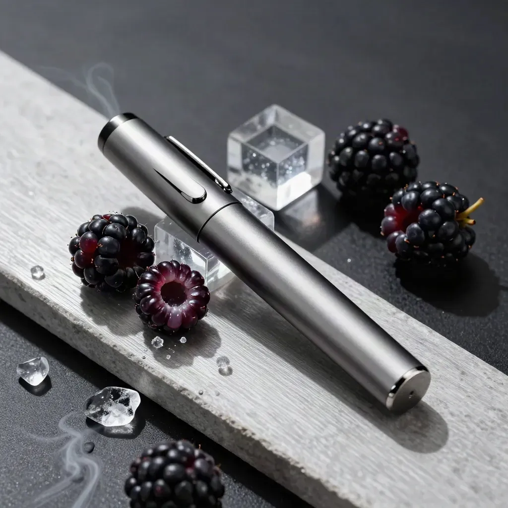 Berry ice disposable pen with berries, frosted acrylic block, and scattering ice crystals