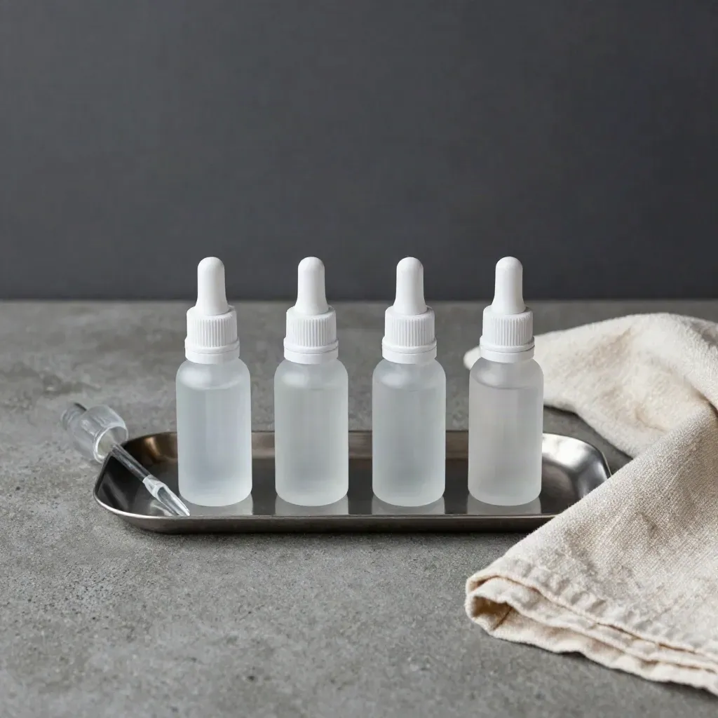 Four unbranded refill bottles in a precise overhead flatlay with neutral props.