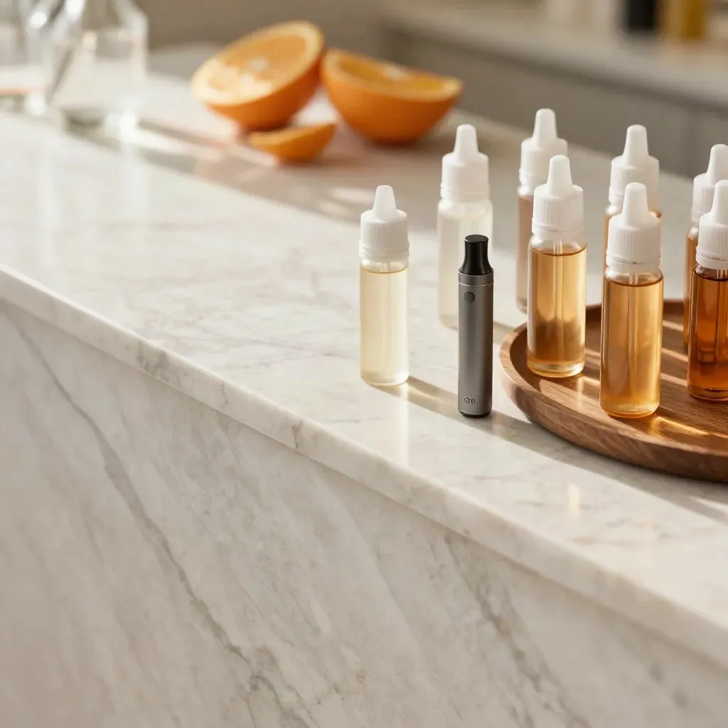 Marble CBD vape juice counter with frosted bottles, citrus peels, and calm copy space