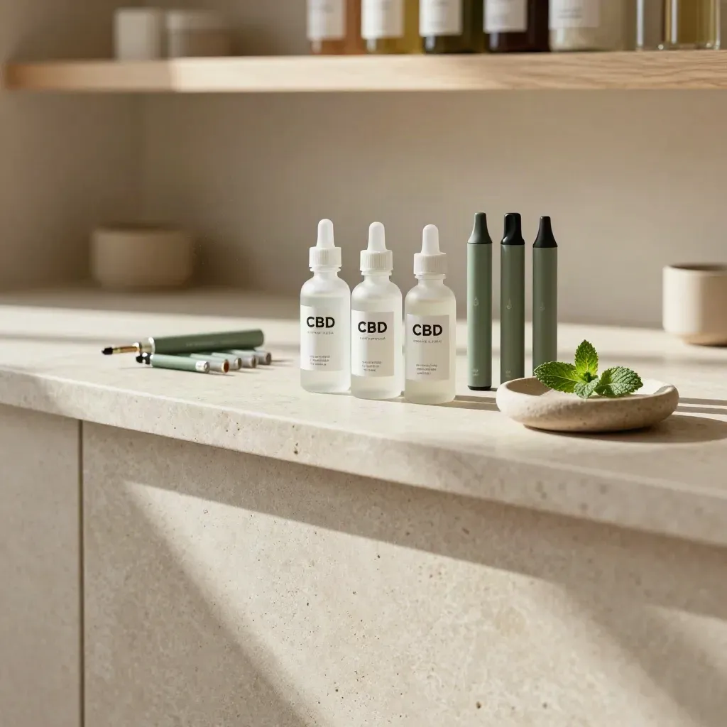Sunlit apothecary counter with CBD vape juice bottles, refills, and mint sprig