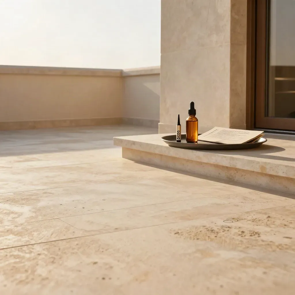 Golden rooftop terrace with amber CBD vape juice products and a sunlit doorway.