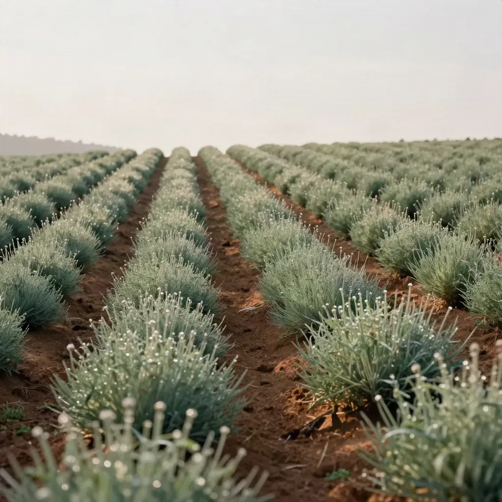 Windy hillside herb field with calm copy space and hazy pale horizon