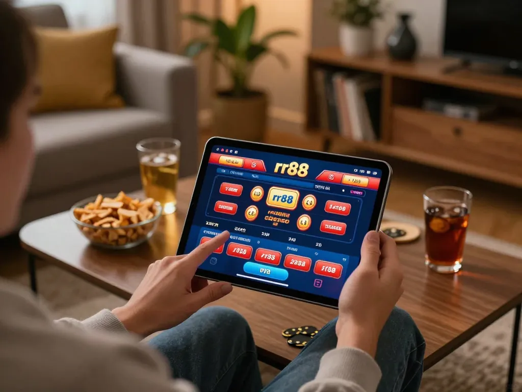 Engaging in online gaming on rr88 with a tablet in a cozy living room setting.
