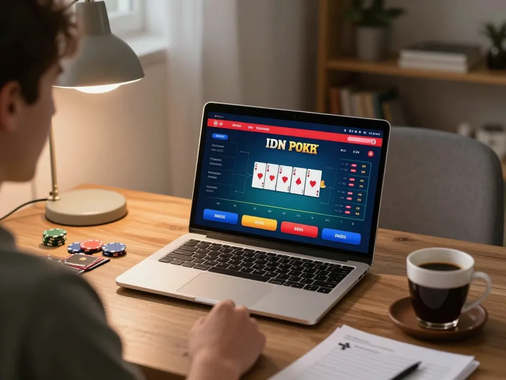 Permainan menarik di IDN Poker ditampilkan di laptop dalam suasana rumah yang nyaman.