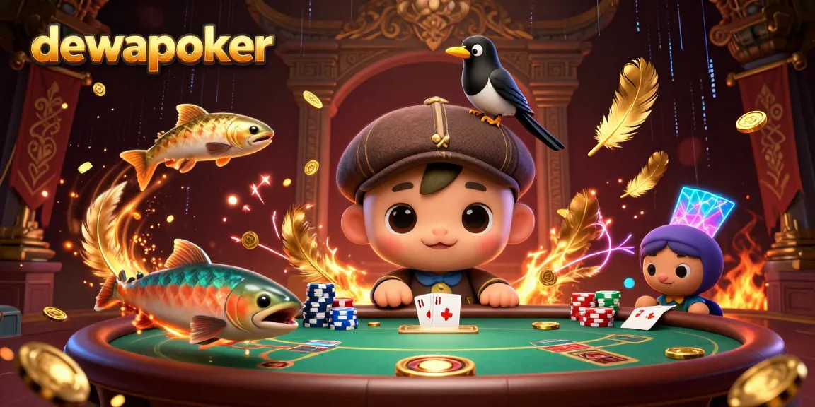 Win big at dewapoker with a playful poker scene featuring Nessie and friends surrounded by vibrant casino elements.