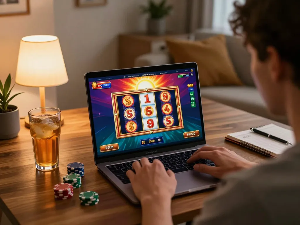 Engaging in online gaming with sun win interface, showcasing vibrant slots and a cozy atmosphere.