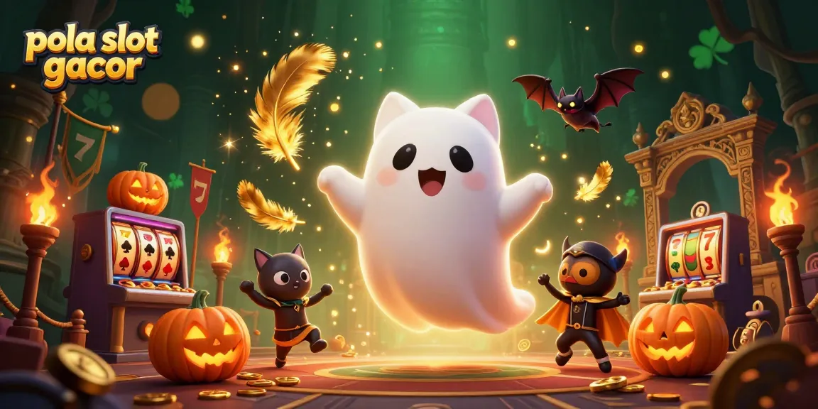 Engage with pola slot gacor in a vibrant 3D casino scene featuring a ghost cat and bat.