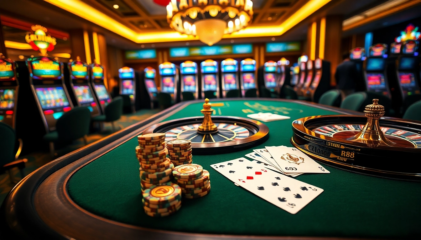 RR88 players engaging in a high-stakes casino game with vibrant poker chips and cards.