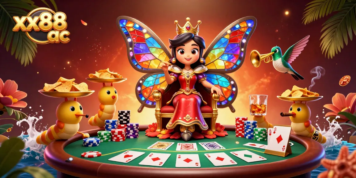 Explore win opportunities at xx88 ac with a colorful, vibrant casino-themed scene filled with poker elements.
