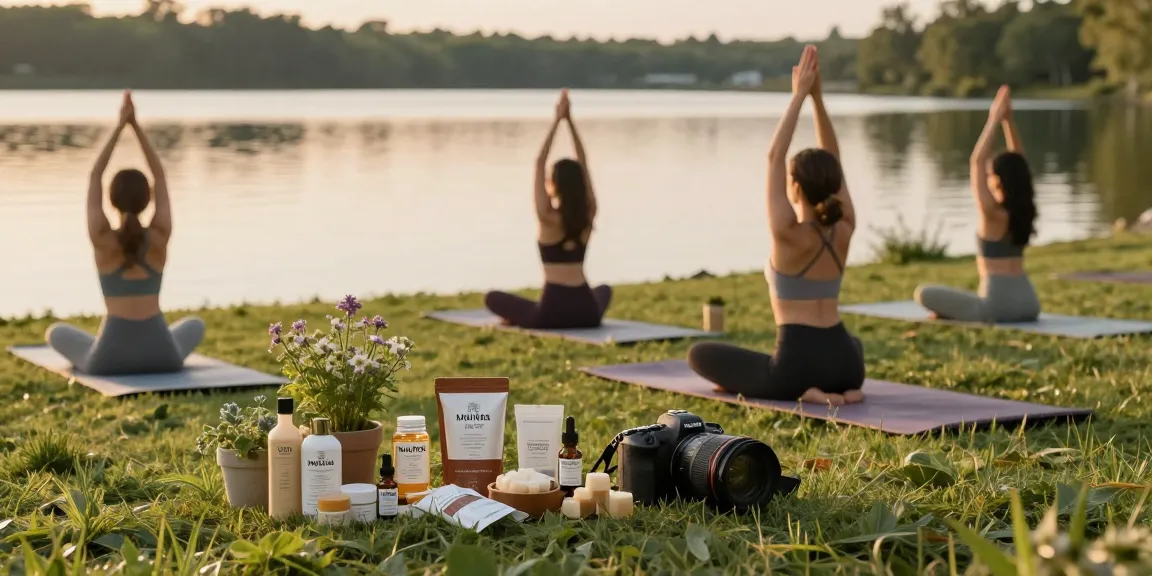 Natural wellness scene with muha med CBD products during yoga by a lake, showcasing premium, organic wellness.