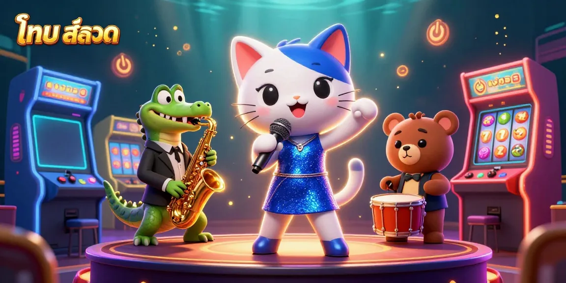 Engage with ไทย สล็อต through a vibrant casino scene featuring a singing cat, saxophonist crocodile, and bear drummer.