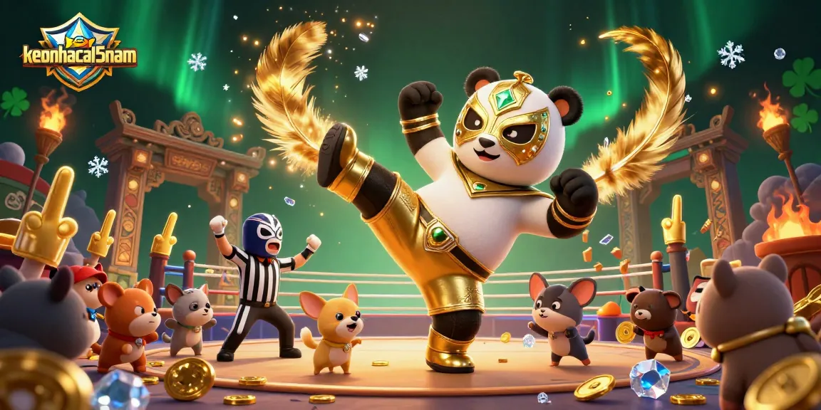Experience the excitement of keonhacai5nam with a panda wrestler kicking in a vibrant casino scene.