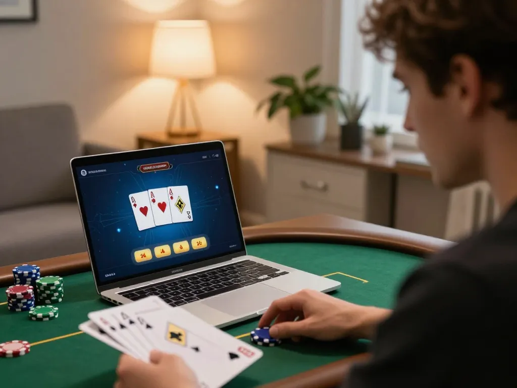 Engaged player strategies poker gameplay on 388bet platform in cozy home setting.