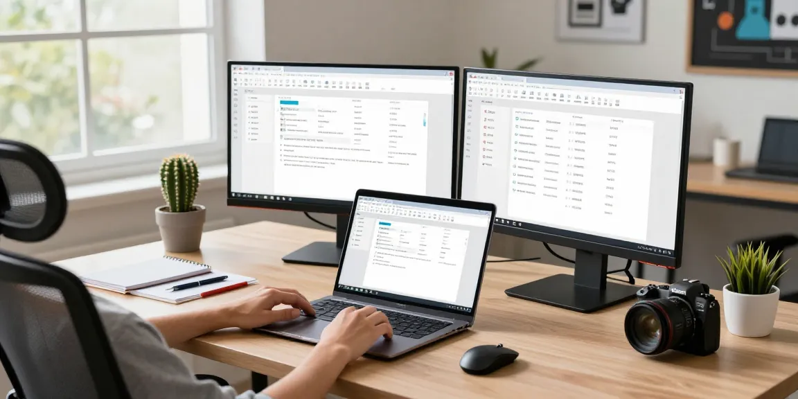 Download WPS Office on a modern workspace setup with dual monitors and laptop showcase