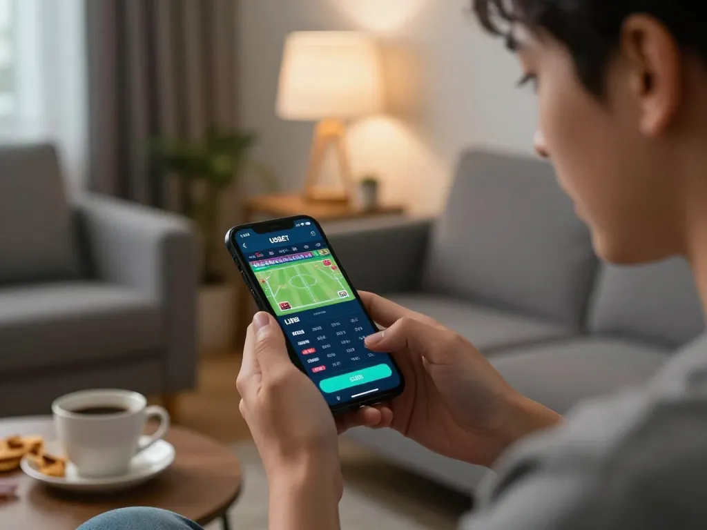 Betting on USBET app with smartphone during cozy evening at home, showcasing responsible gambling.