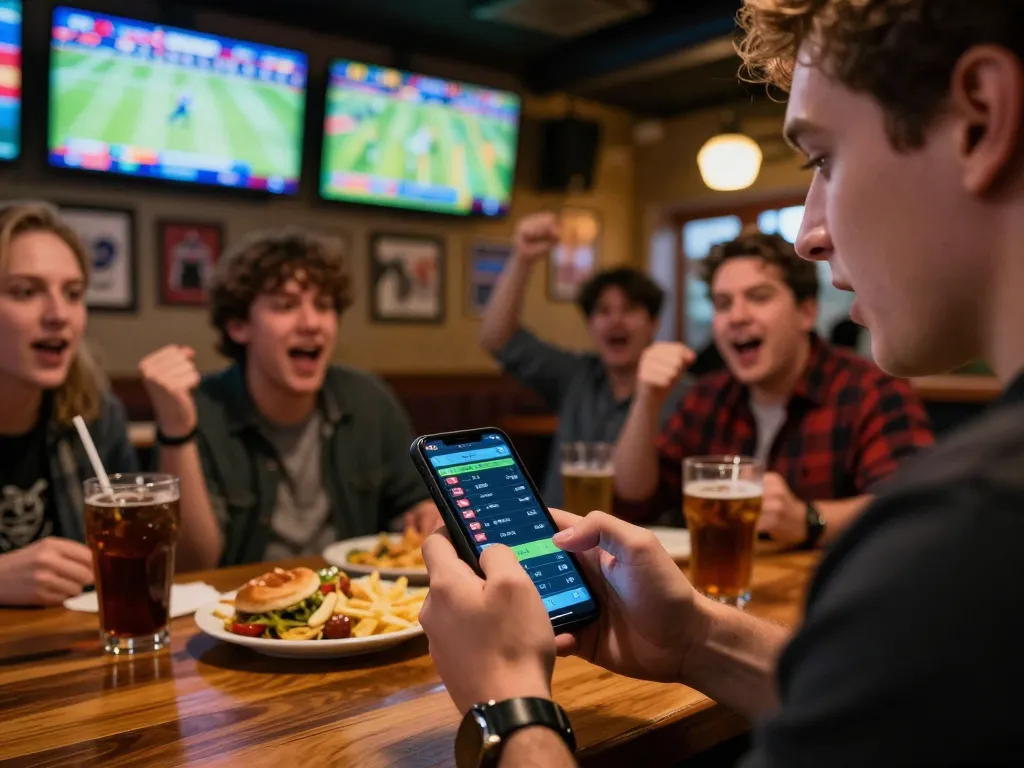 Exciting sports betting scene capturing keo nha cai analysis on smartphone at lively sports bar.