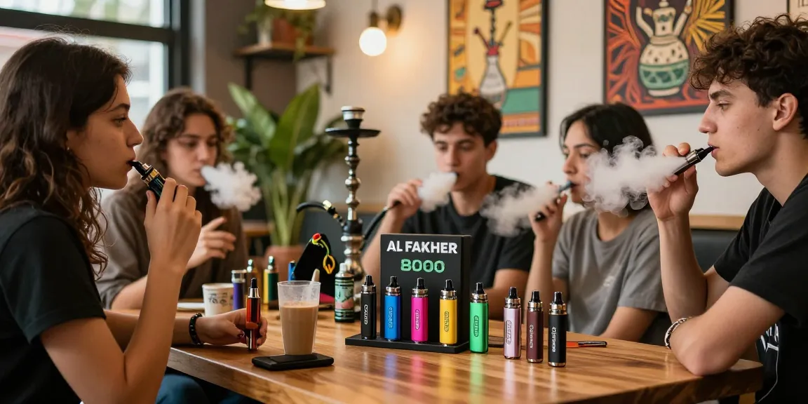 Genieße den Al Fakher Grape Mint 8000 in einer trendigen Café-Atmosphäre mit Freunden.