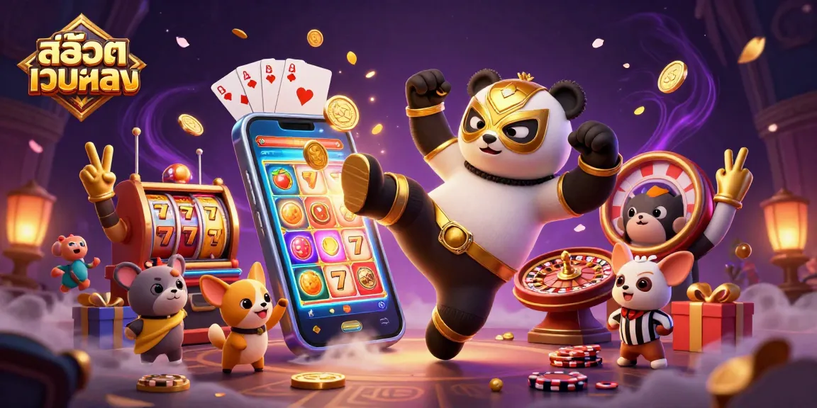 Engage with สล็อตเว็บตรง illustrated in a vibrant casino scene featuring lively characters and dynamic game elements.
