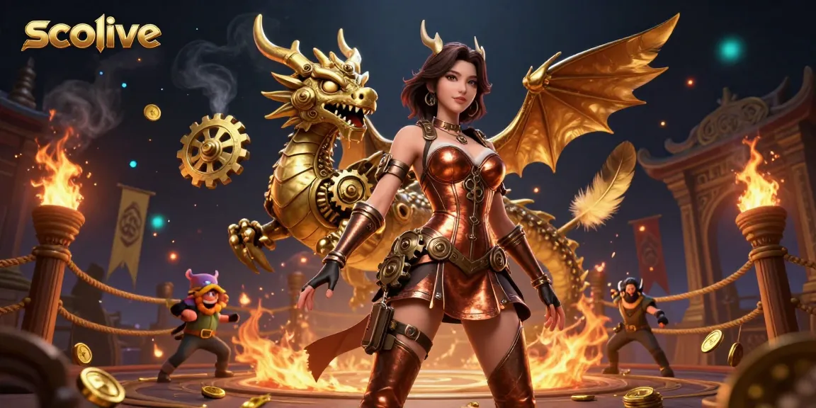 Socolive immersively showcases a stunning steampunk character and clockwork dragon amidst swirling golden tokens and casino elements.