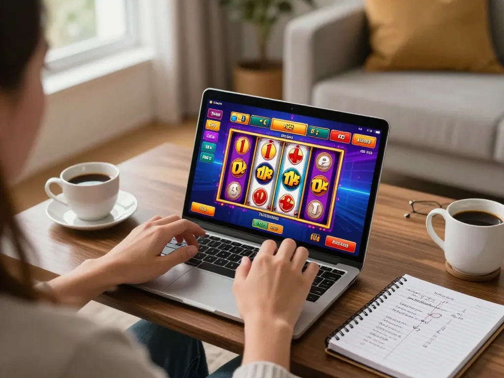 Engaging in slot 10rb gameplay via mobile app in cozy home setting, showcasing fun and strategy.