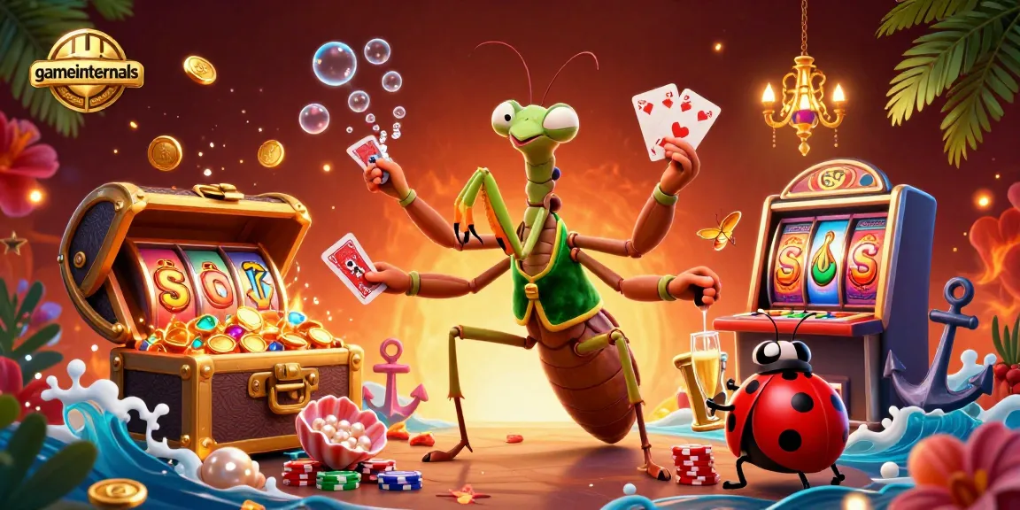 gameinternals showcases a vibrant casino scene with a giant praying mantis dealing cards amidst treasure chests and slot reels.