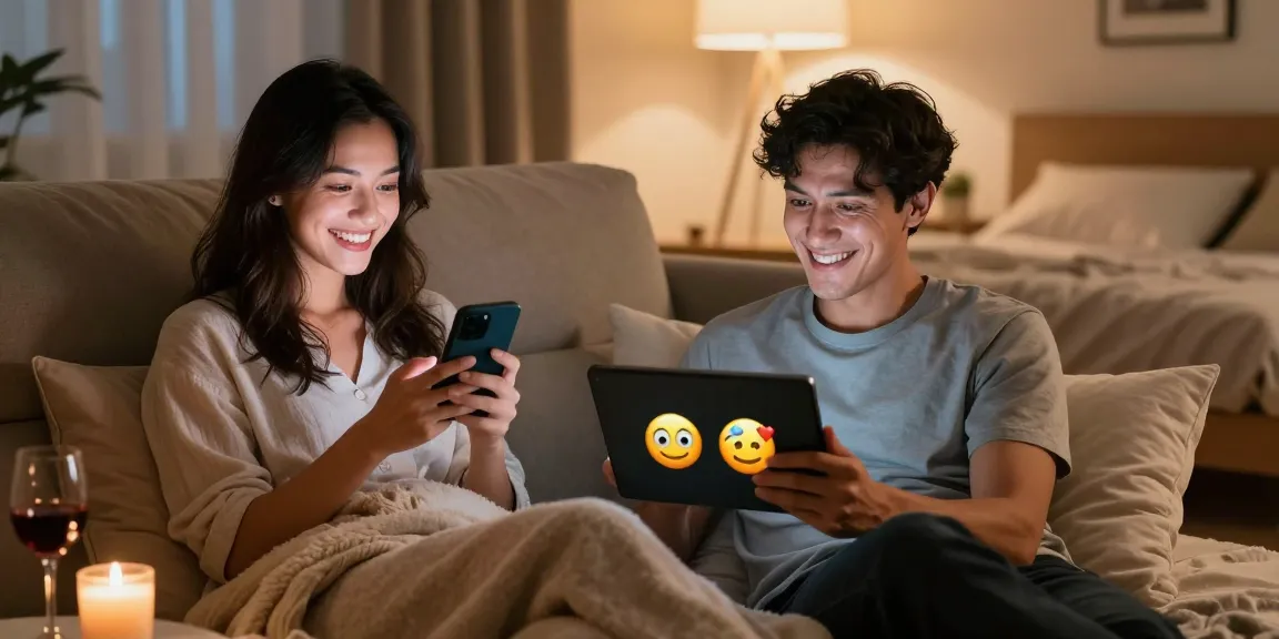 Couple engaging in sexting ai via their smartphones, showing playful intimacy in cozy environments.