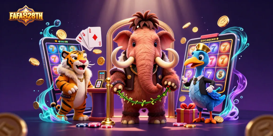 Engage with FAFA828TH for a lively casino scene featuring a bouncer checks IDs while slot games pop.