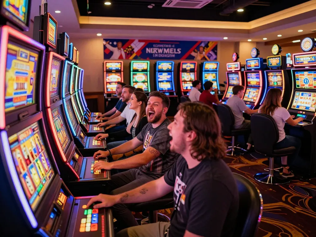 Players celebrating wins with slot bonus new member at colorful casino machines