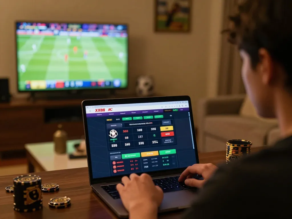 Engaging in sports betting on the XX88 AC platform from a cozy home setup, laptop displaying live odds.