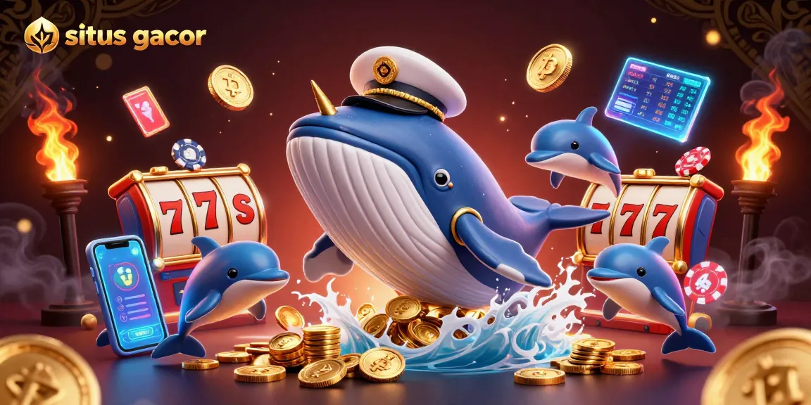 Engage with situs gacor by watching a gigantic whale and dolphins in a lively casino scene full of coins and jackpots.