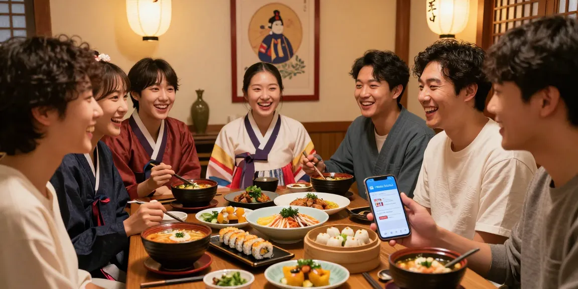 Friends enjoying Asian cuisine while engaging with https://hanadultalk.com for cultural insights.