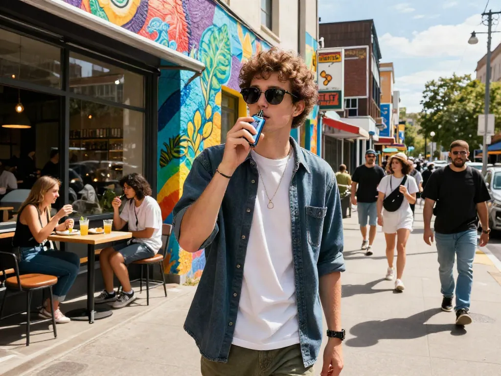 Stylish individual enjoying a Hitz infinity Gen 7 vape in a vibrant urban street.