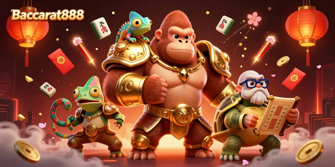 Baccarat888 online casino showcases a powerful gorilla king, chameleon spy, and wise tortoise in a vibrant gambling scene.