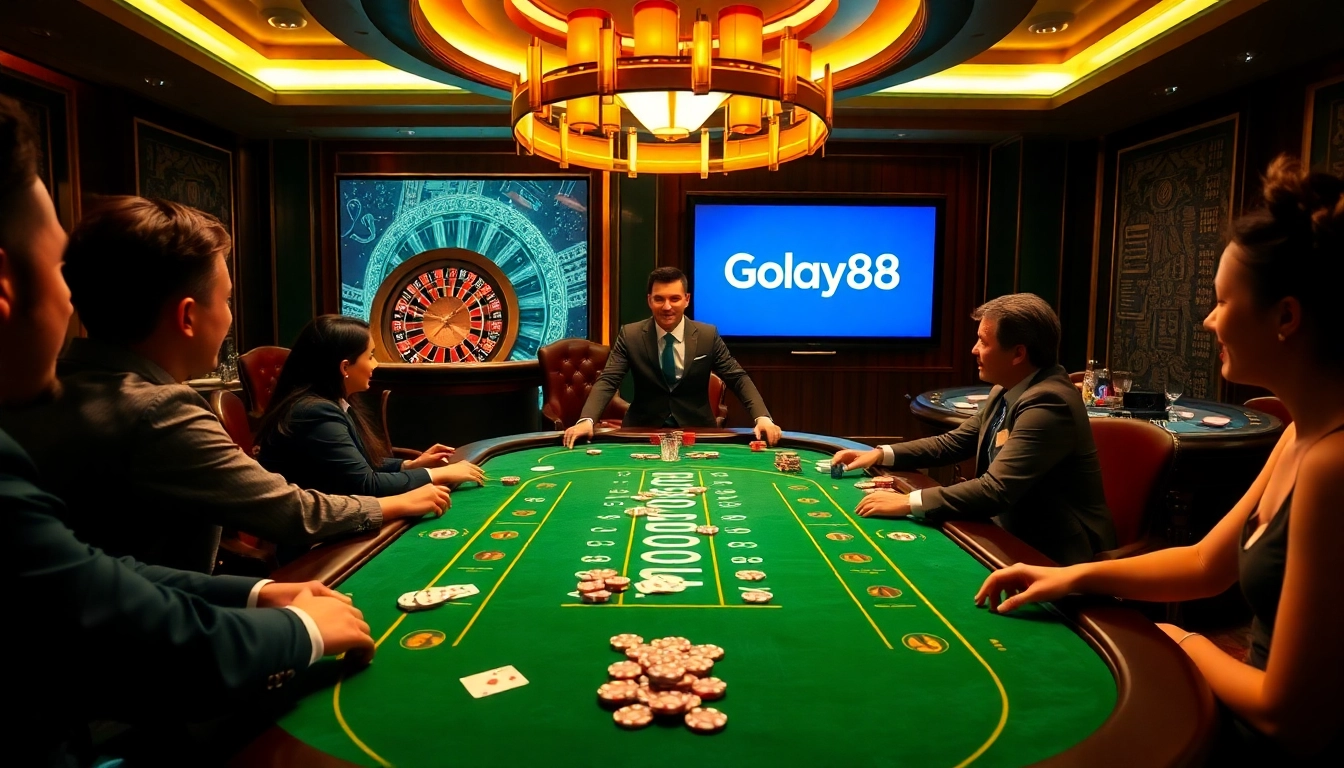 Experience thrilling poker with Gopay88 in a luxurious casino setting featuring vibrant gaming tables.