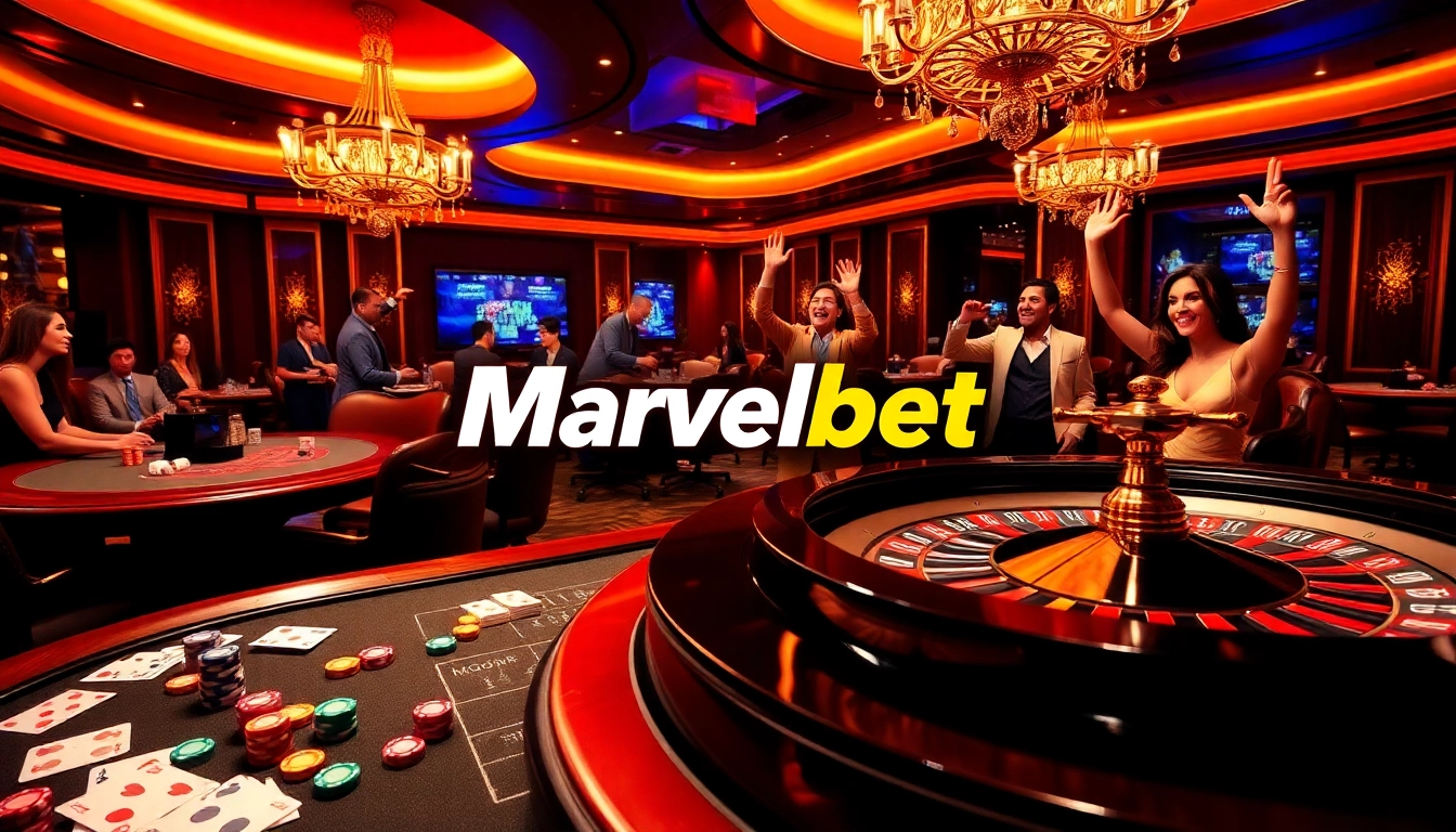 Marvelbet casino scene with poker chips and roulette wheel, showcasing excitement and luxury.