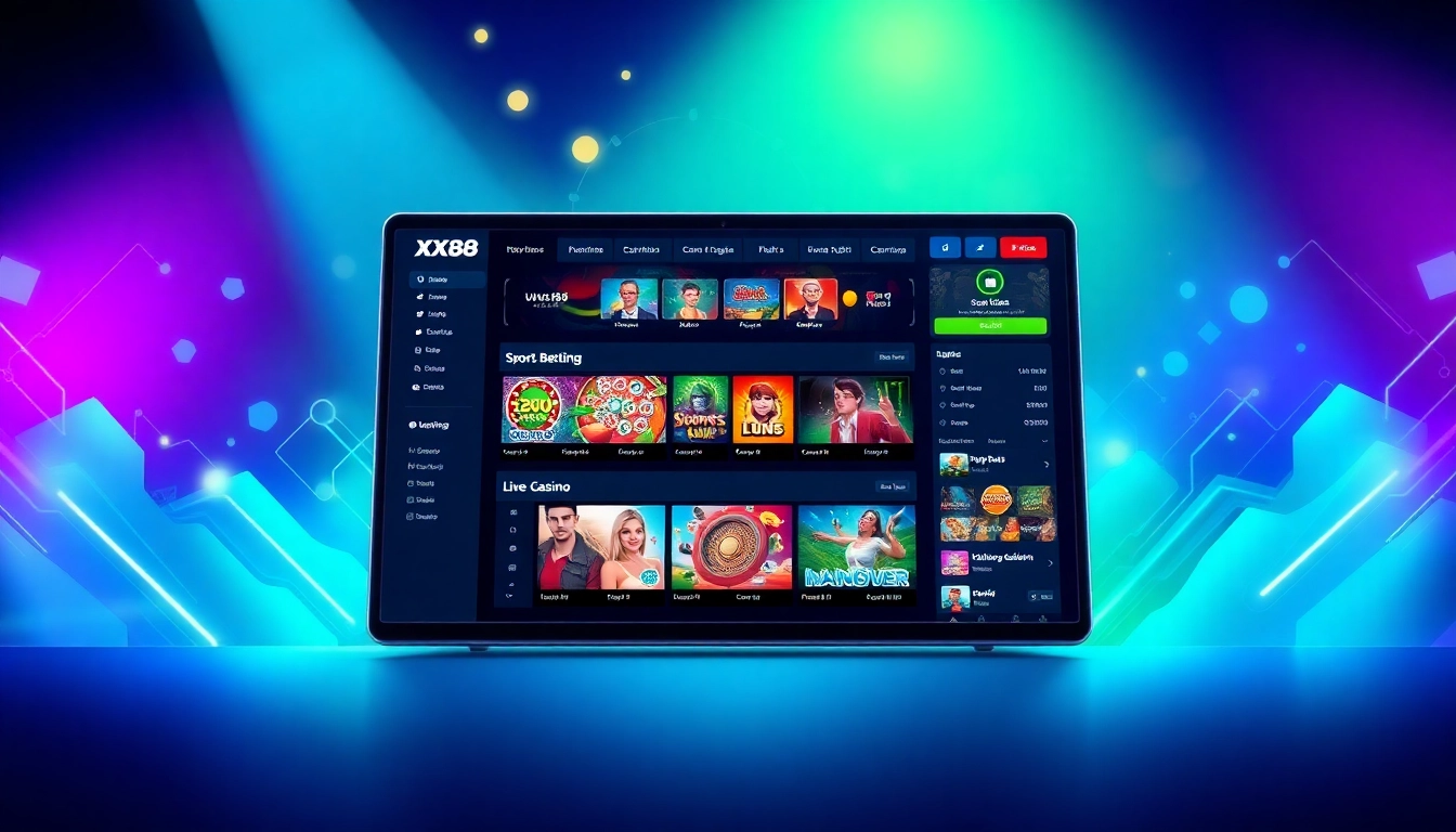 Engaging digital illustration of Nhà cái XX88 online betting platform showcasing vibrant games and user-friendly interface.