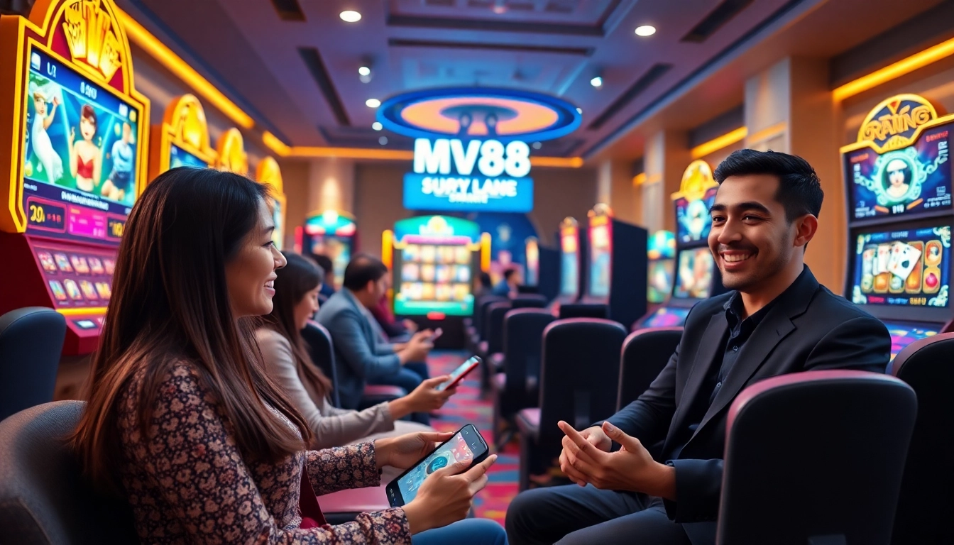 Engaged players enjoying MV88 game on sleek devices with vibrant interface.