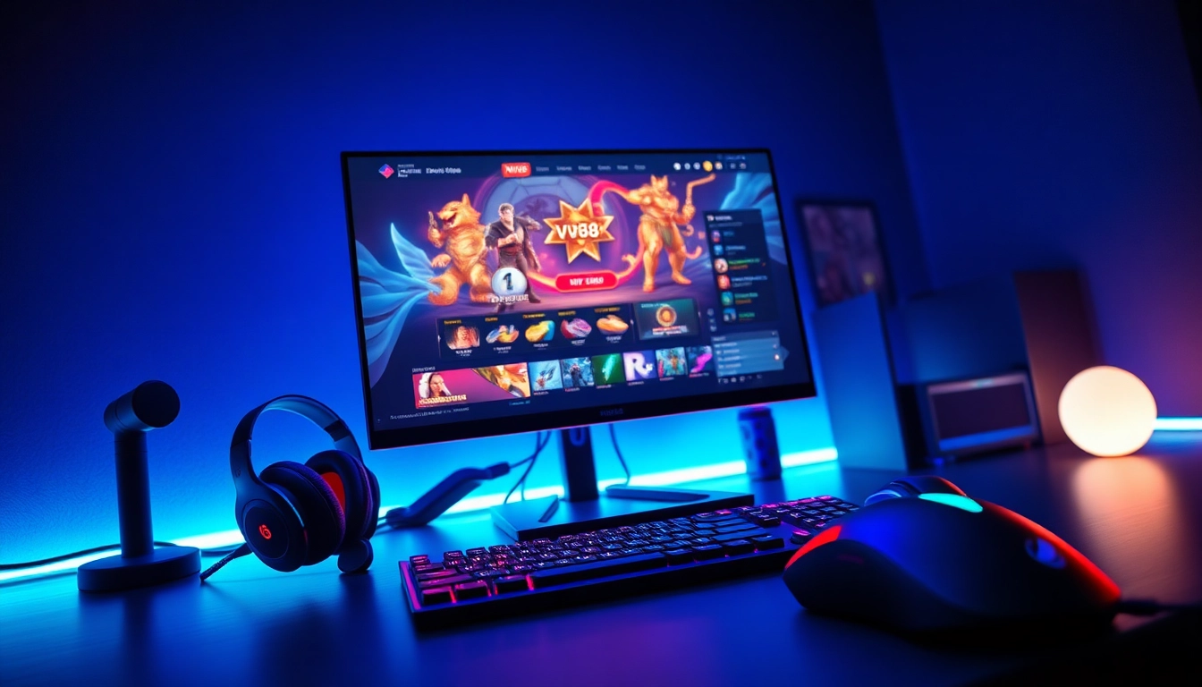 Exciting MV88 game online gaming setup with vibrant interface and gaming peripherals.