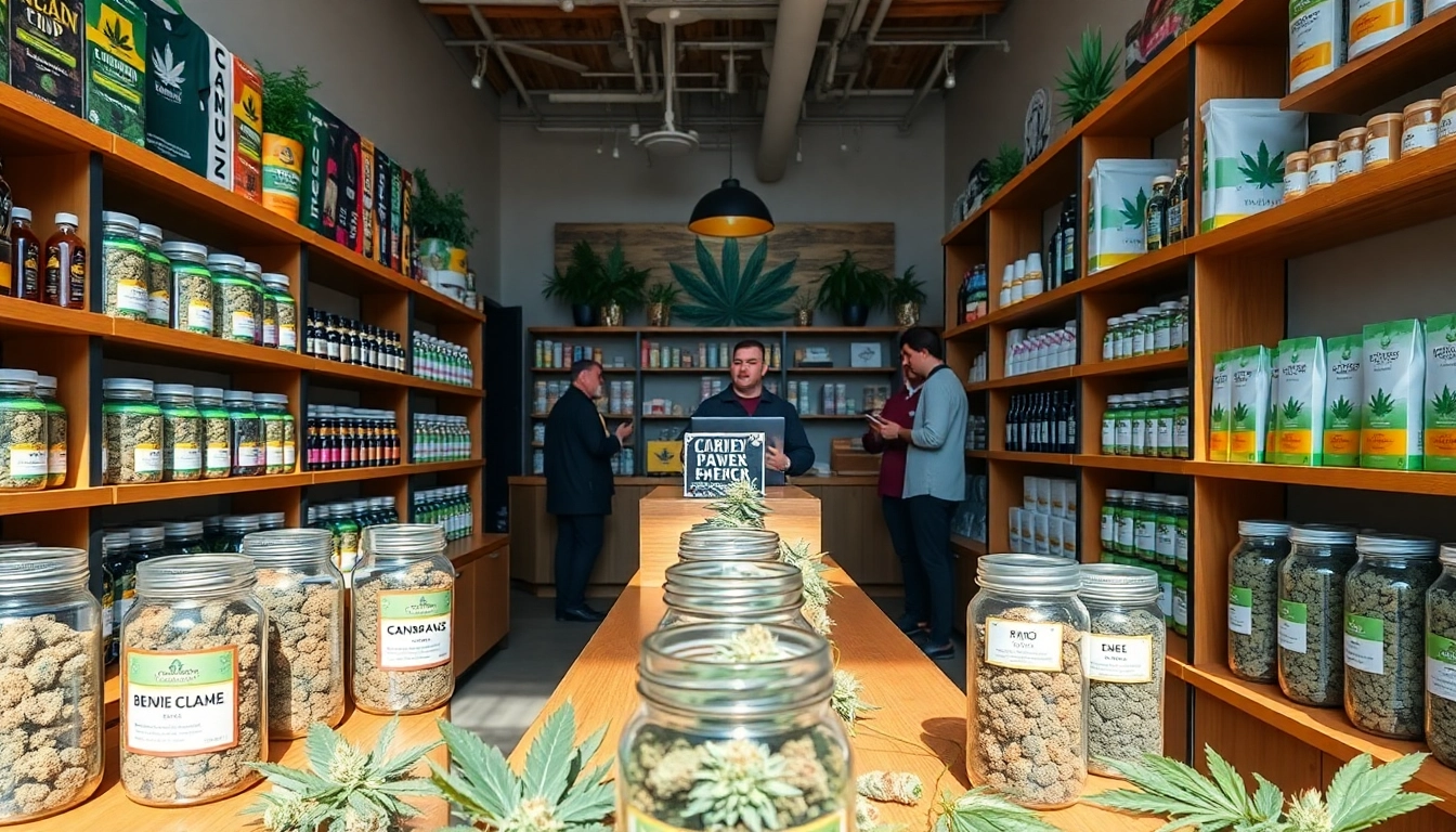 Shop at Weed Store showcasing cannabis products with friendly budtender assisting customers.