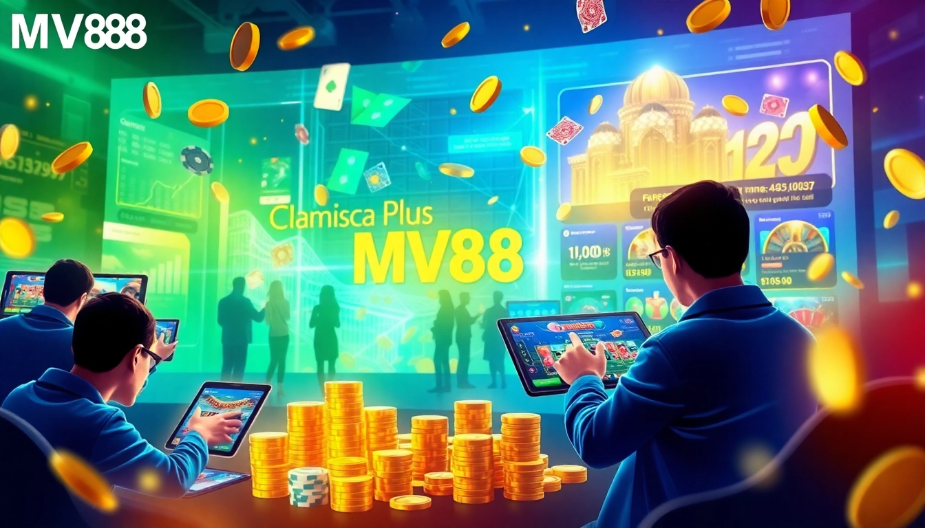 Experience the thrill of the MV88 game platform with vibrant visuals of casino games and excited players.