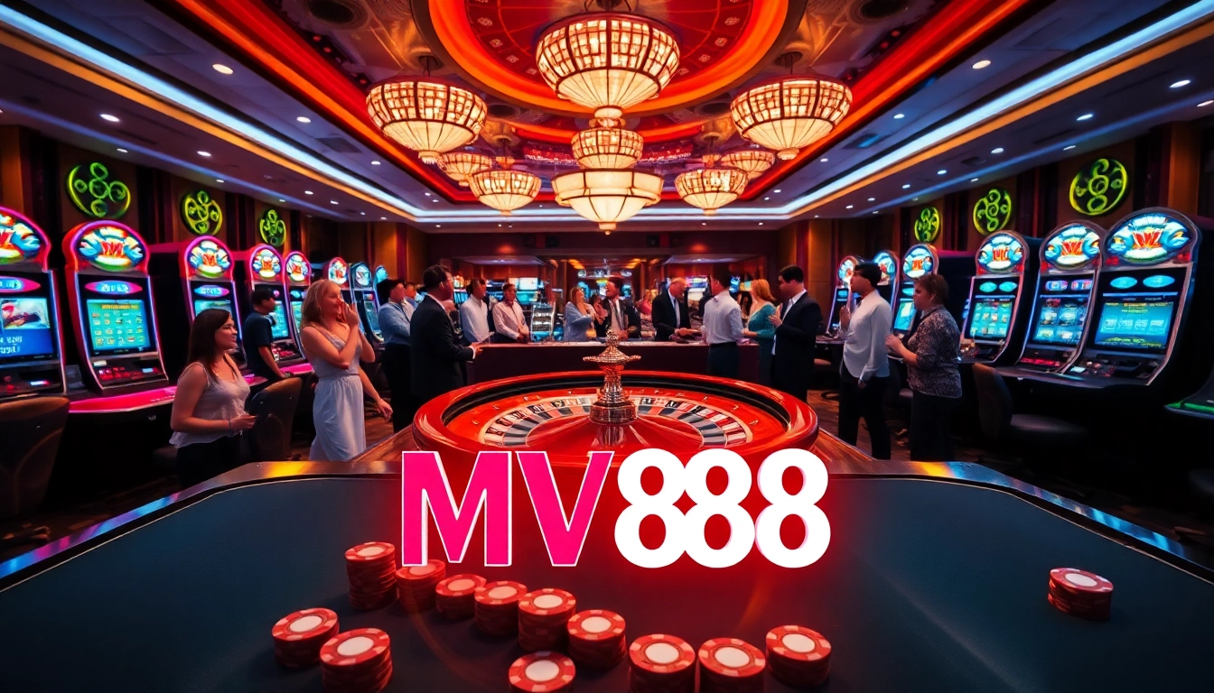 Engaged players at a luxurious casino enjoying the MV88 game amidst vibrant slot machines.