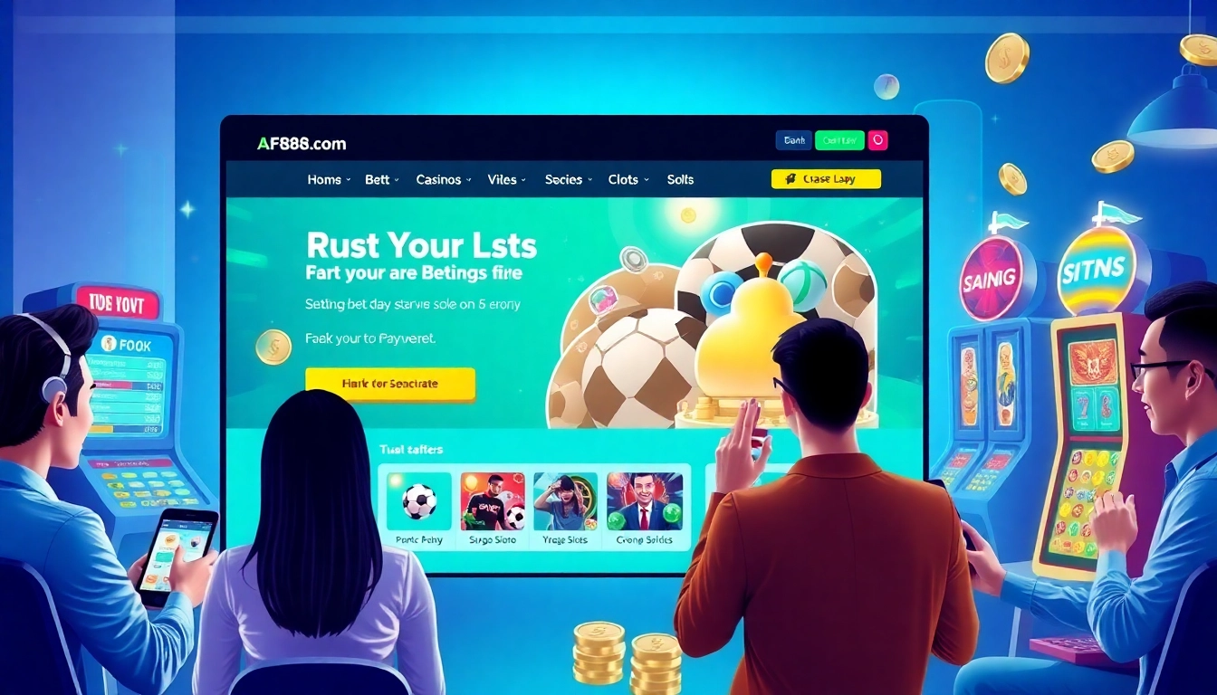 AF88 com modern online gambling platform interface showcasing diverse users engaging in betting activities.