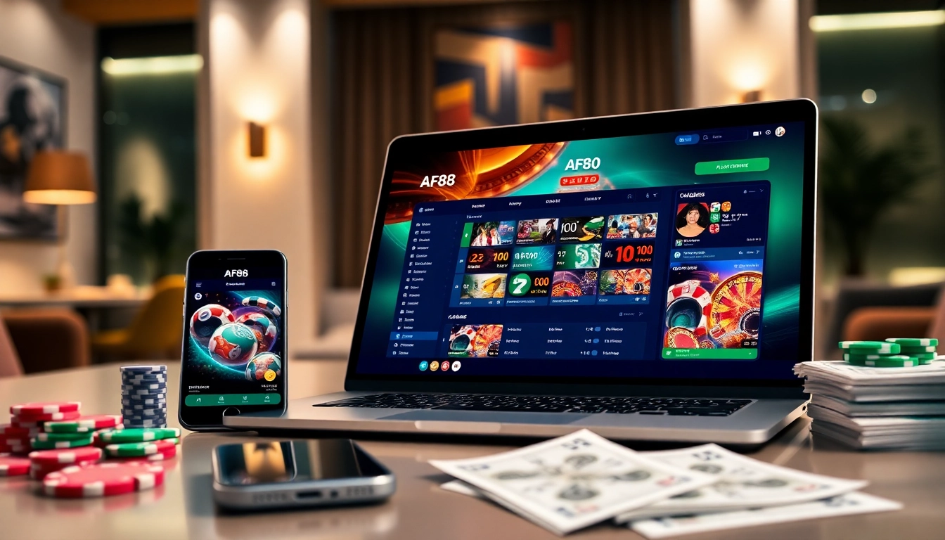 AF88 com showcasing a sleek online casino interface with cash and chips