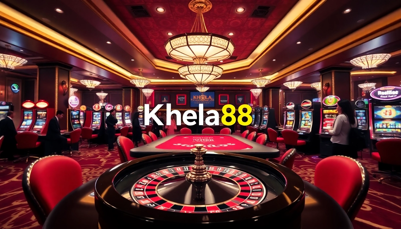 Experience the thrill of khela88 casino with vibrant slot machines and an inviting roulette table.