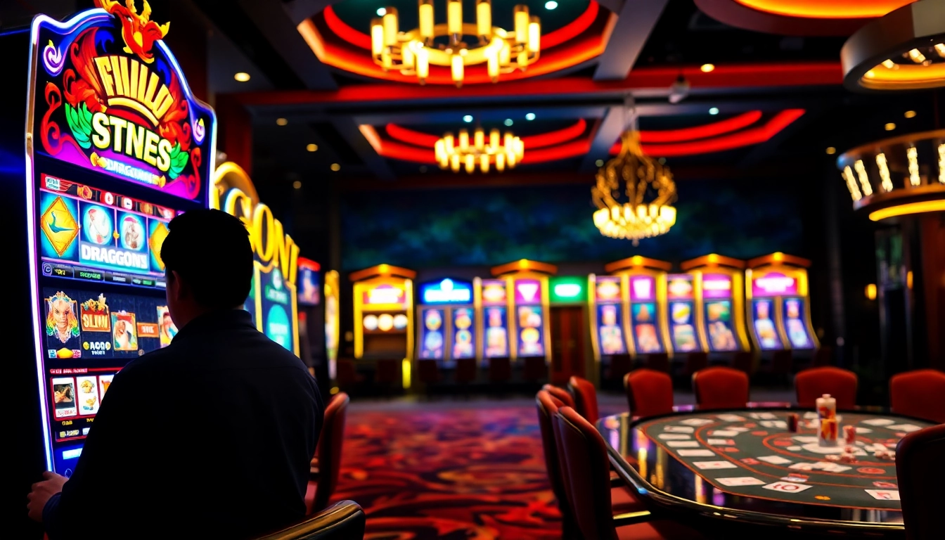 login DRAGON222 at a vibrant casino scene with engaging slot machines and lively players