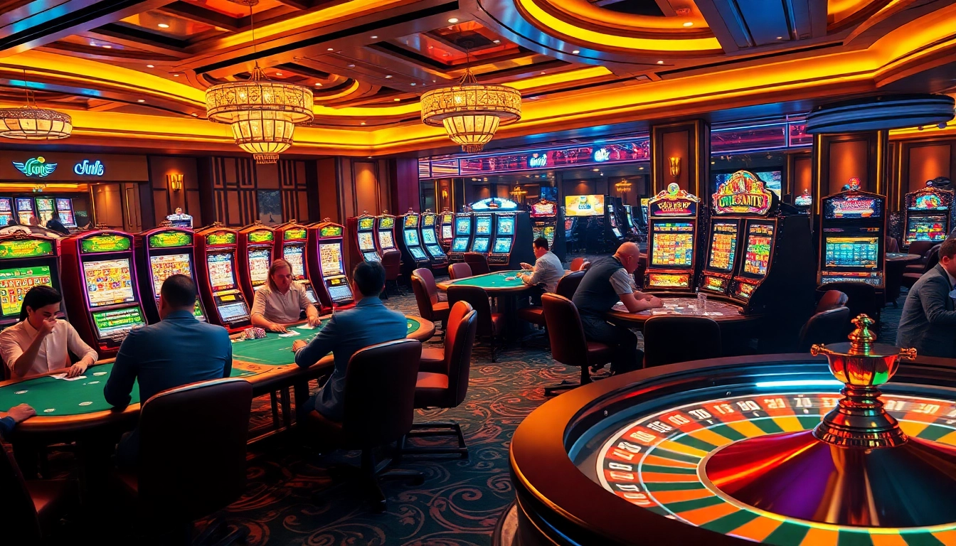 Enjoying thrilling games at Trang Chủ RR88, featuring vibrant casino tables and spinning roulette wheels.