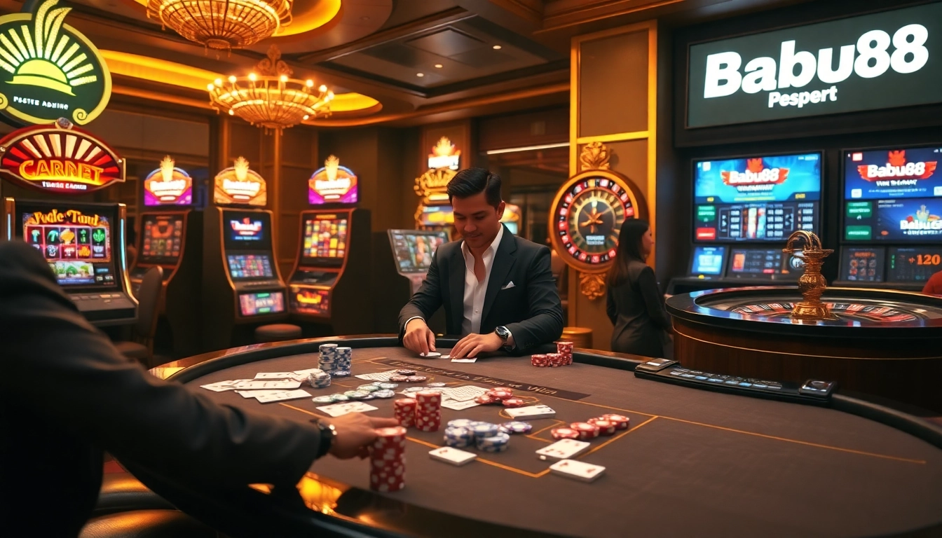 Babu88 casino table with cards, chips, and an engaging dealer in a vibrant gaming environment.
