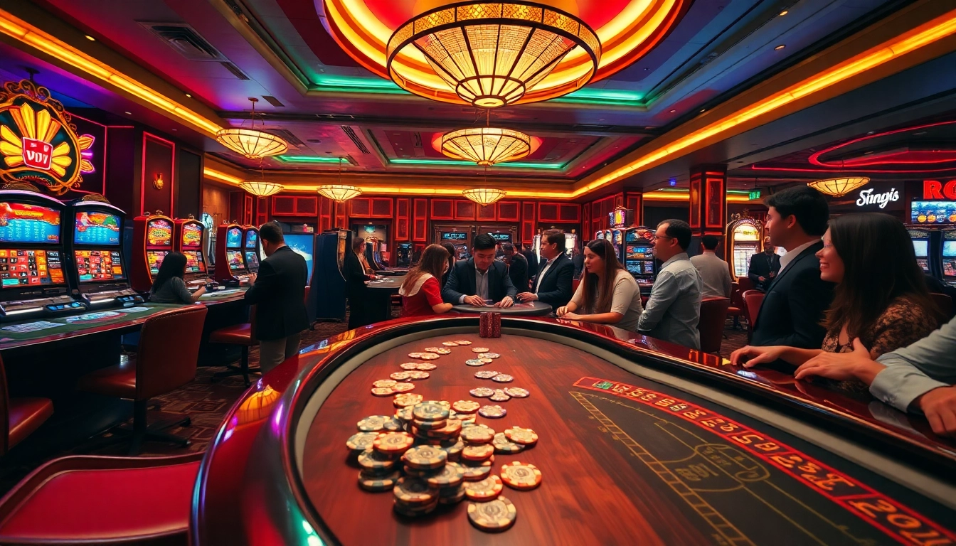 Gamblers enjoying an exciting experience at RR88 casino's roulette and slots, showcasing the vibrant atmosphere.